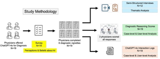 Study design: 19 physicians solved six vignettes with ChatGPT-4o; logs, graded reasoning, and 12 interviews were analysed.